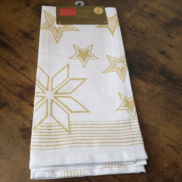 Gold & White Holiday Star Retro Look Kitchen Tea Towels X2 Glittery Gold NWT - Picture 3 of 5